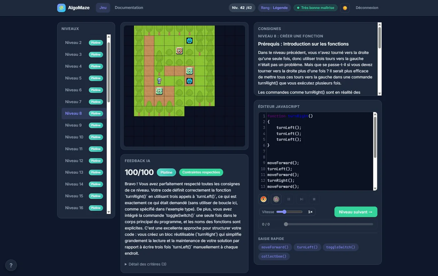 Interface d'AlgoMaze : un labyrinthe à résoudre en programmant en JavaScript, avec niveaux et éditeur de code.